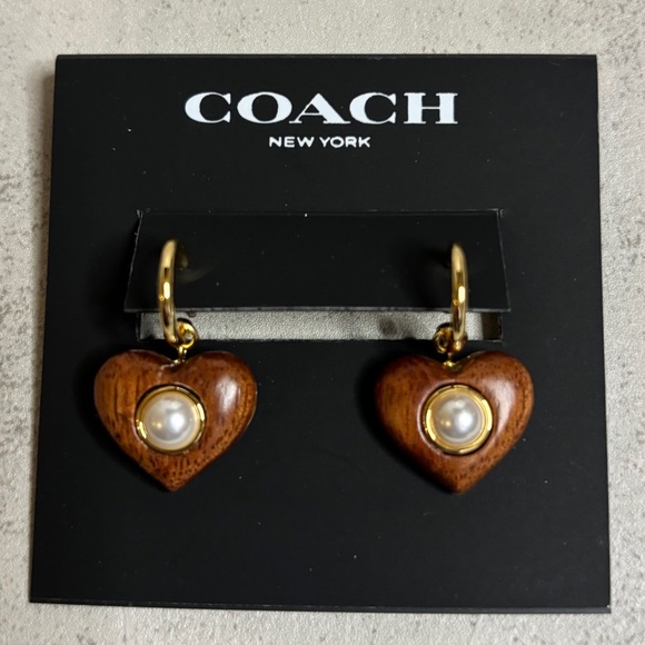 Coach Jewelry - NWT Coach Wood Heart Huggie Earrings